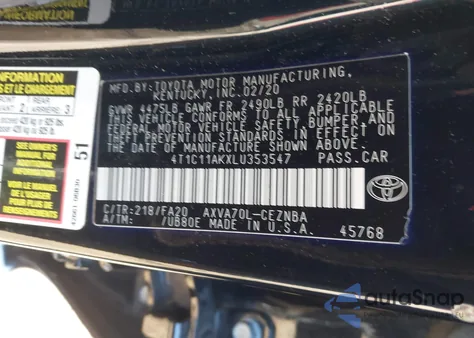 2020 Toyota Camry Le из США, поврежденный, VIN 4T1C11AKXLU353547